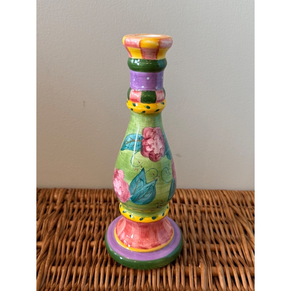 Hand Painted Floral Ceramic Taper Candle Holder Green Pink Spindle 9.75 Inch